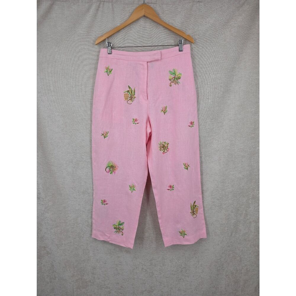 Rosanna Linen Light Pink Tropical Monkey Embroidered Cropped Pants Capri